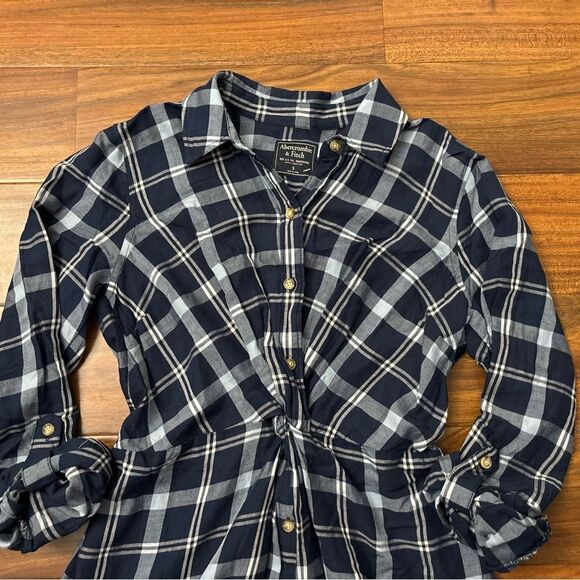 Abercrombie & Fitch navy plaid long sleeve twist front flannel dress NWT - Picture 3 of 4